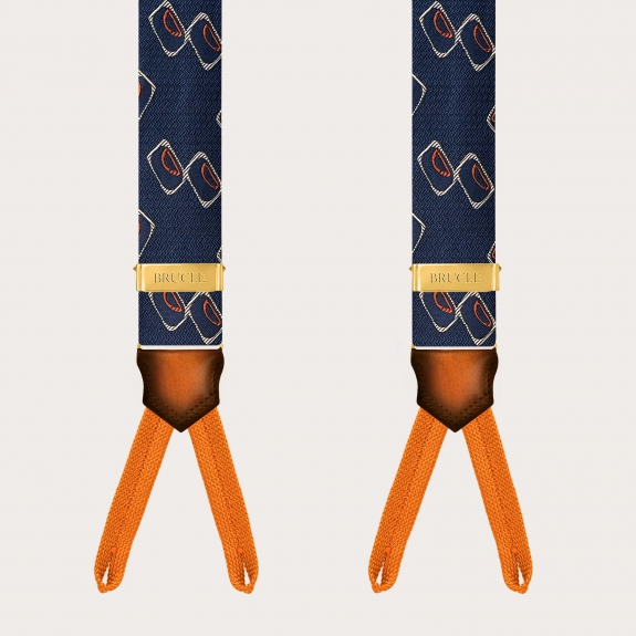 Bretelle oro per bottoni blu e arancioni fantasia geometrica
