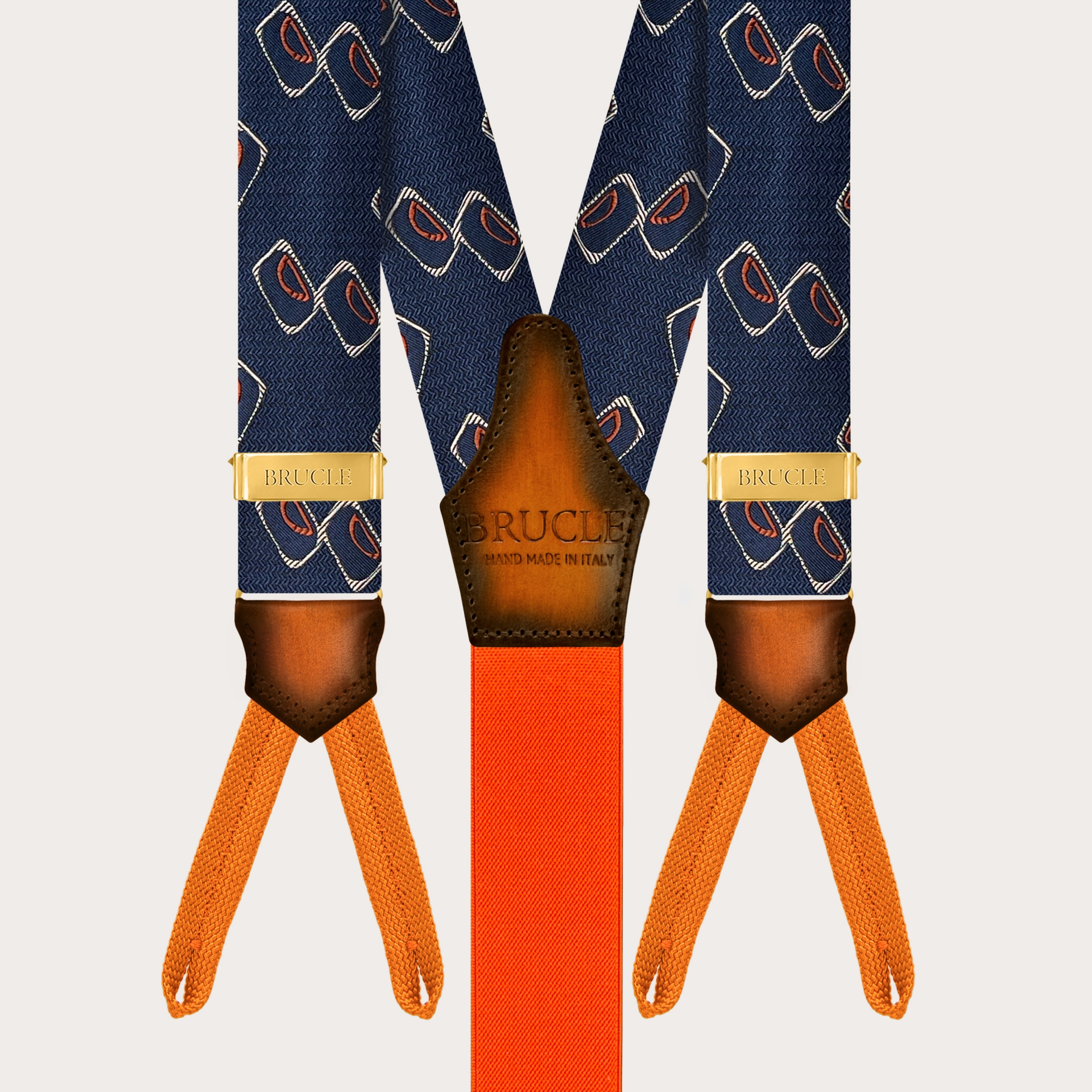 Gold button suspenders in blue and orange with geometric pattern