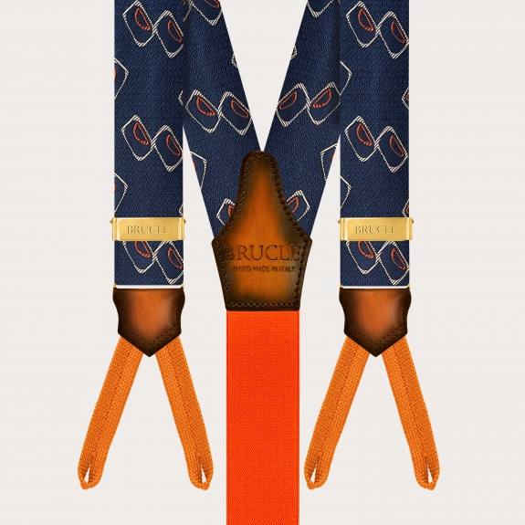 Gold button suspenders in blue and orange with geometric pattern