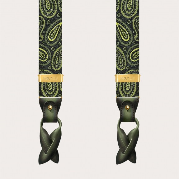 Bretelles exclusives en soie paisley vert pour boutons ou clips dorés