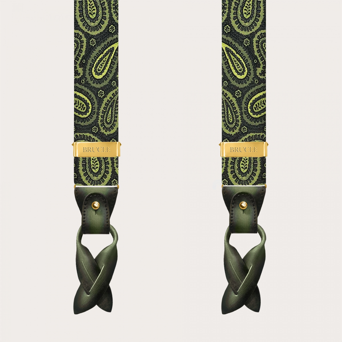 Tirantes exclusivos de seda paisley verde para botones o con clips dorados