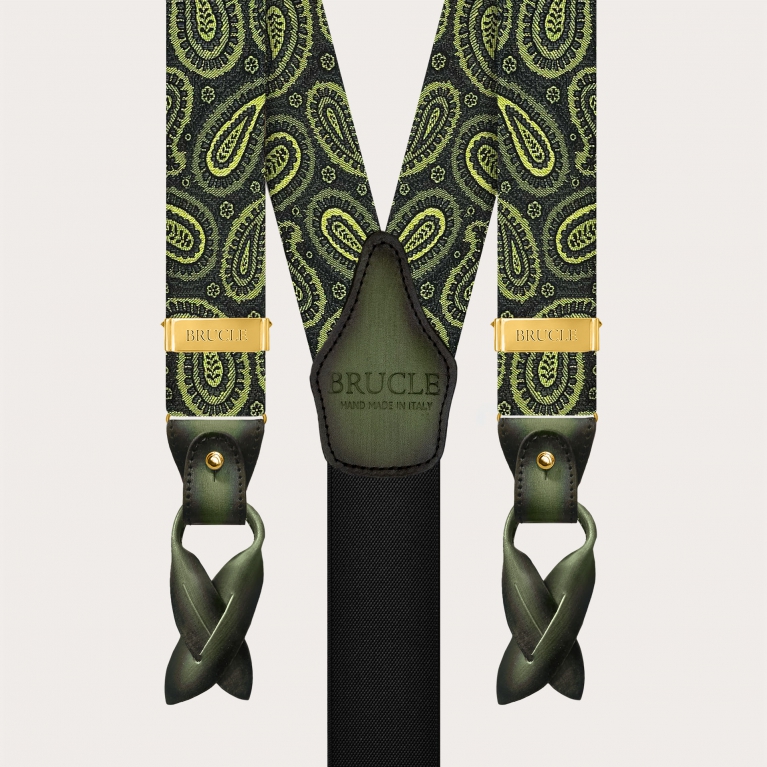Bretelles exclusives en soie paisley vert pour boutons ou clips dorés