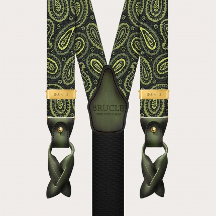 Exclusive green paisley silk suspenders for buttons or gold clips
