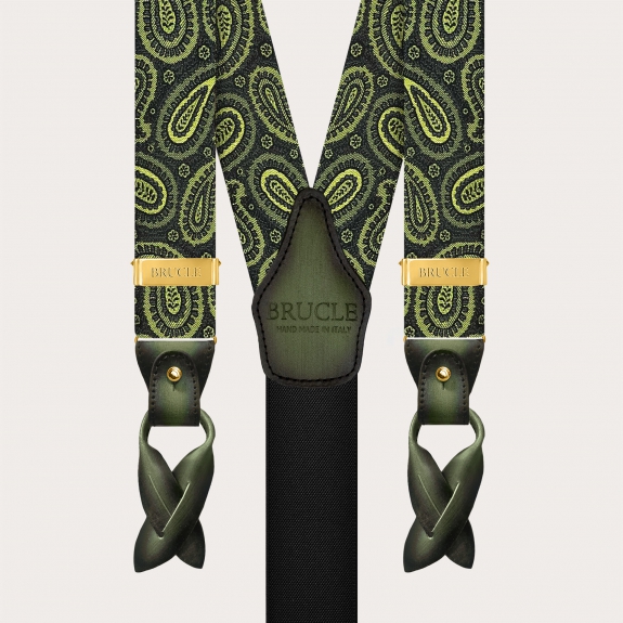 Exclusive green paisley silk suspenders for buttons or gold clips