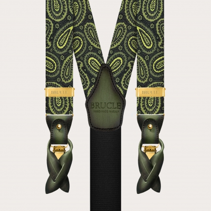 Exclusive green paisley silk suspenders for buttons or gold clips