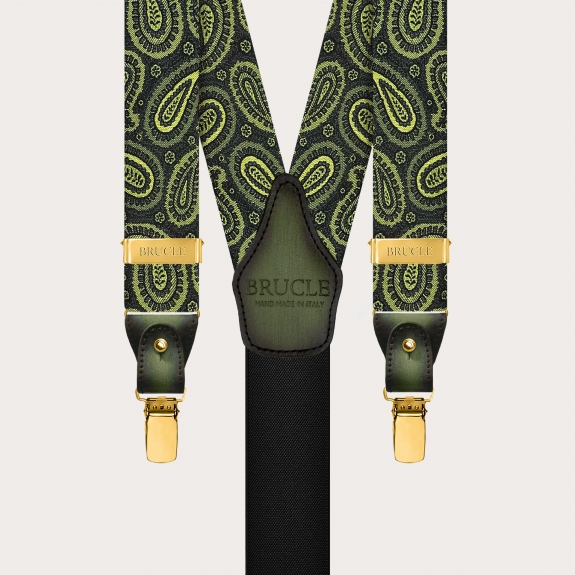 Exclusive green paisley silk suspenders for buttons or gold clips