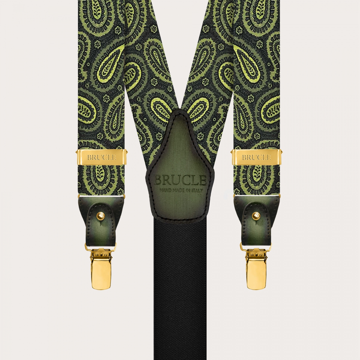 Tirantes exclusivos de seda paisley verde para botones o con clips dorados