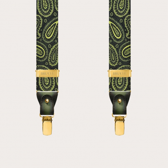 Exclusive green paisley silk suspenders for buttons or gold clips