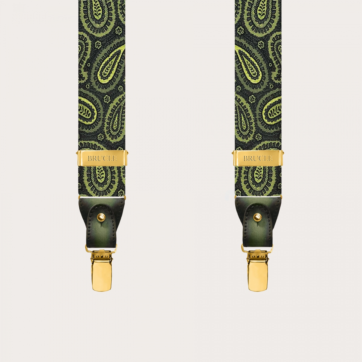 Exclusive green paisley silk suspenders for buttons or gold clips