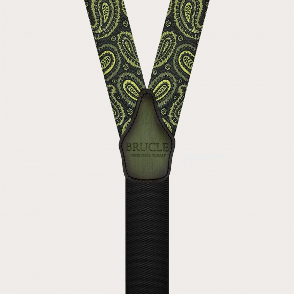 Bretelles exclusives en soie paisley vert pour boutons ou clips dorés