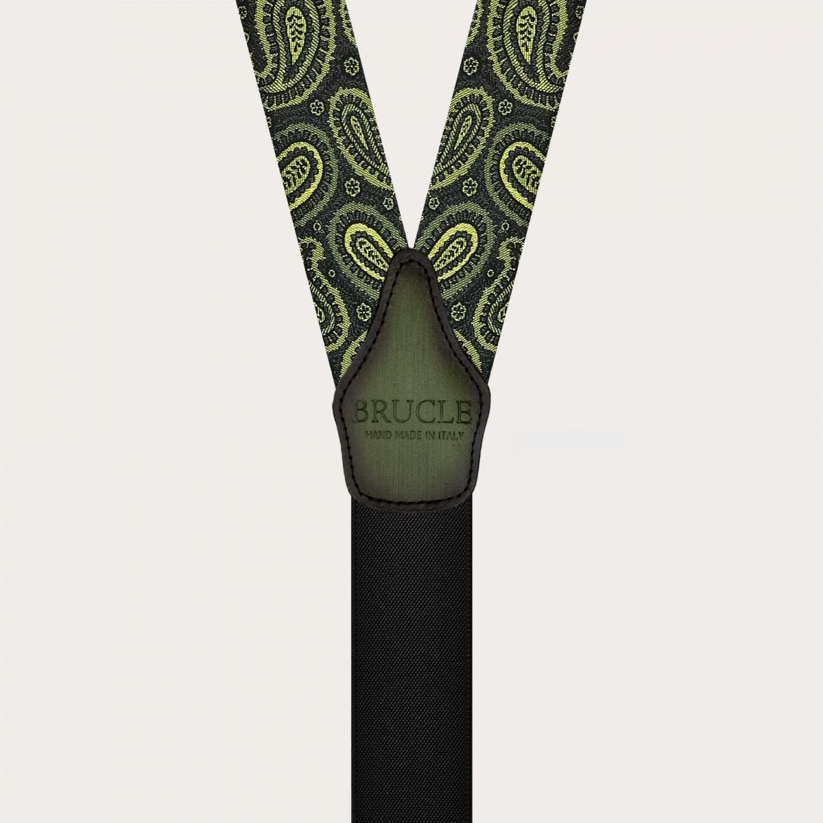 Bretelles exclusives en soie paisley vert pour boutons ou clips dorés