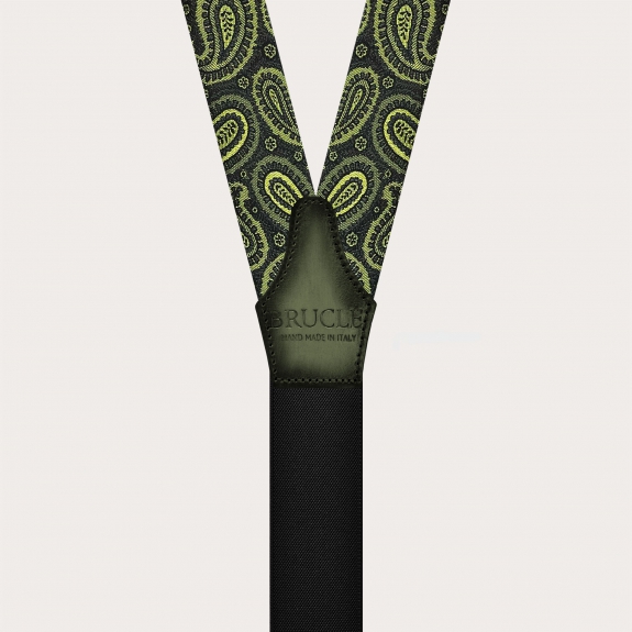 Bretelles exclusives dorées en soie paisley verte pour boutons