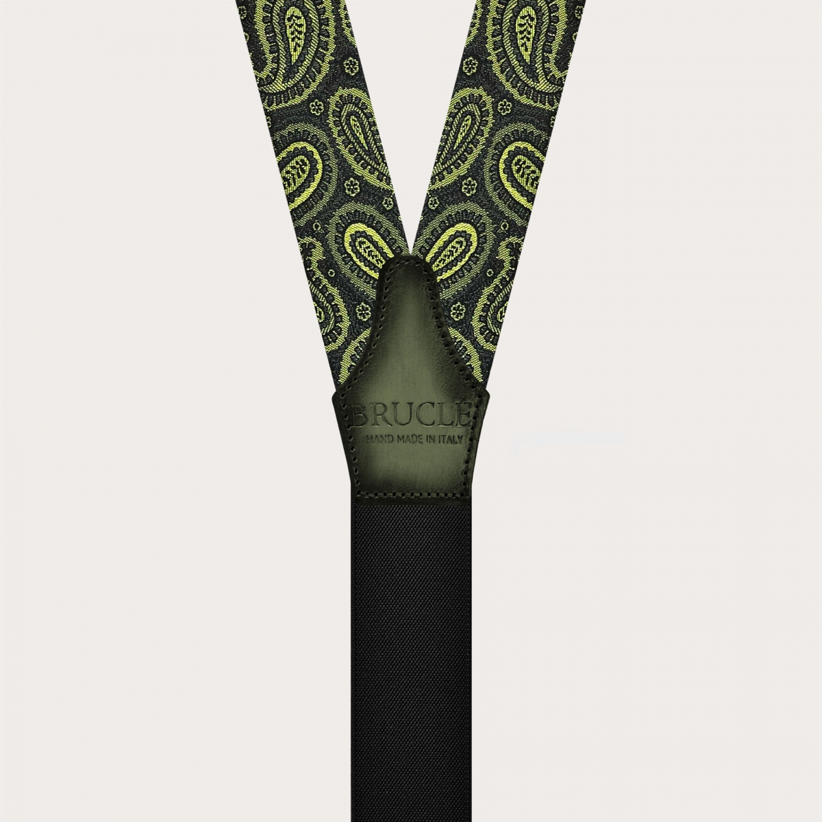 Esclusive bretelle oro in seta paisley verde uso bottoni