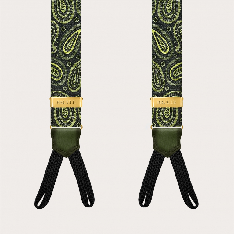 Exclusive gold suspenders in green paisley silk for button fastening