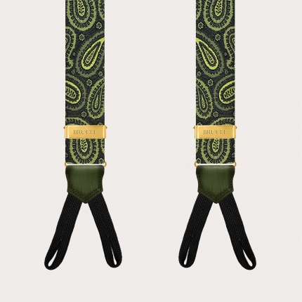 Bretelles exclusives dorées en soie paisley verte pour boutons