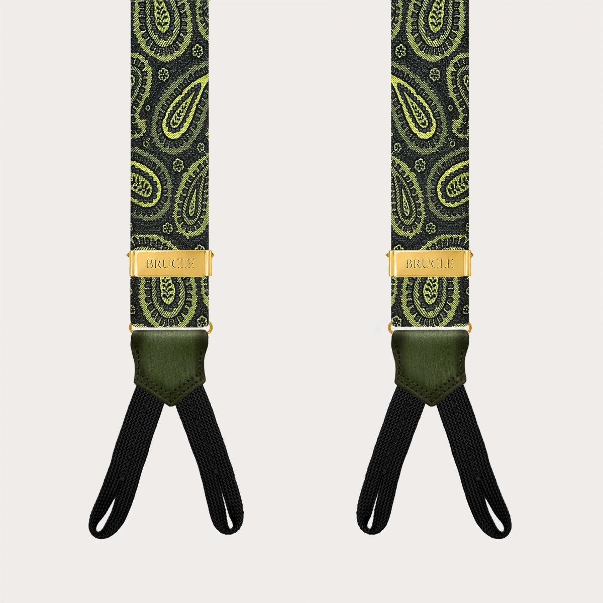 Esclusive bretelle oro in seta paisley verde uso bottoni