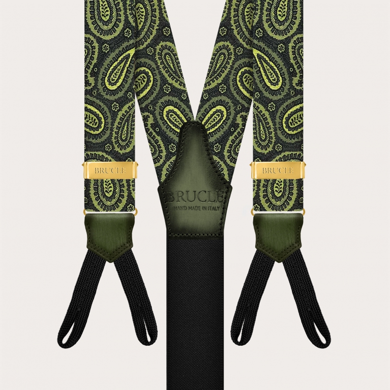 Esclusive bretelle oro in seta paisley verde uso bottoni