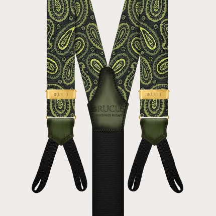 Esclusive bretelle oro in seta paisley verde uso bottoni