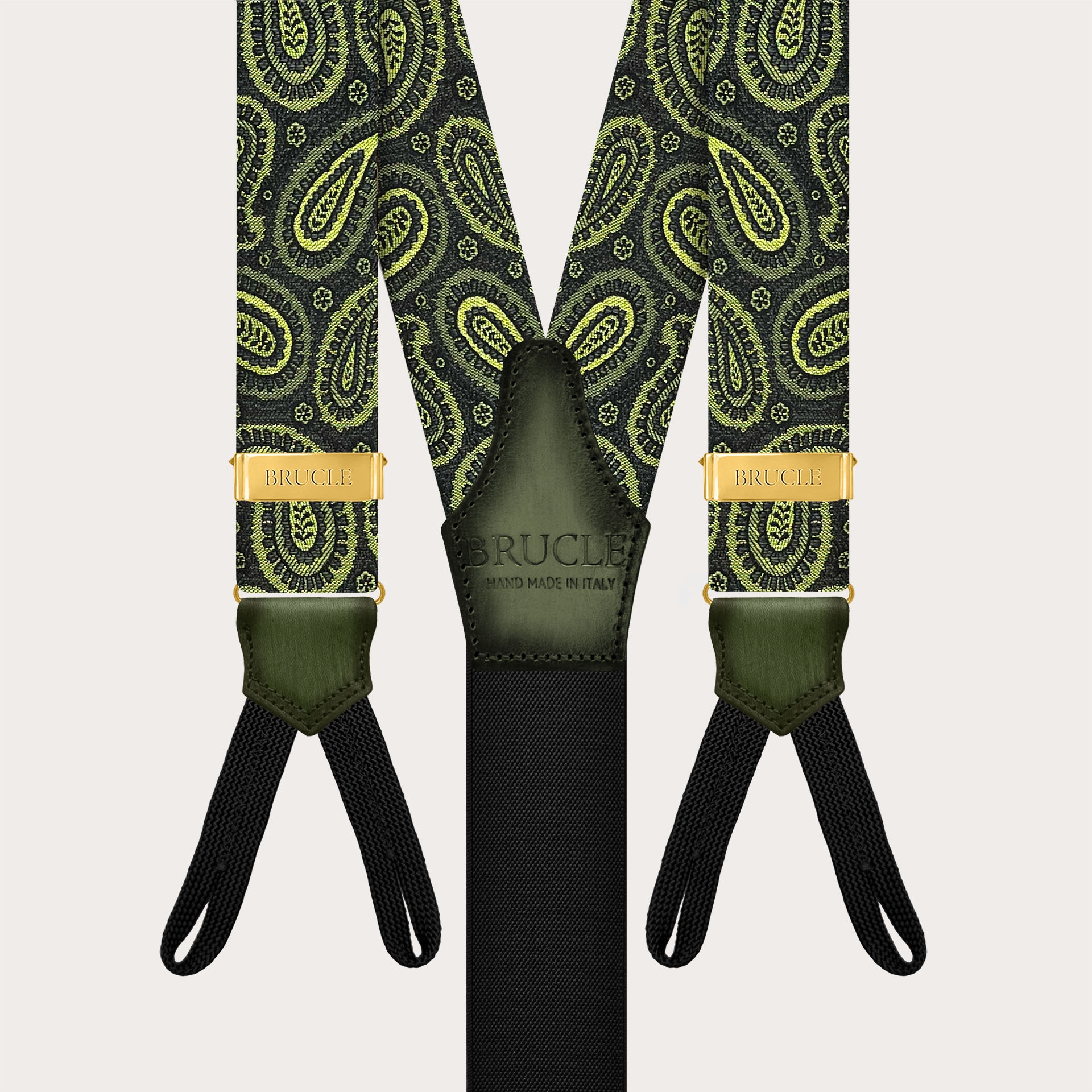 Bretelles exclusives dorées en soie paisley verte pour boutons