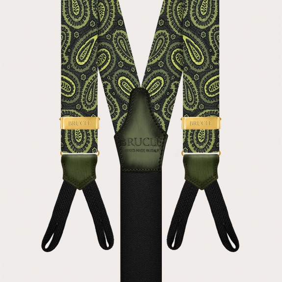 Esclusive bretelle oro in seta paisley verde uso bottoni