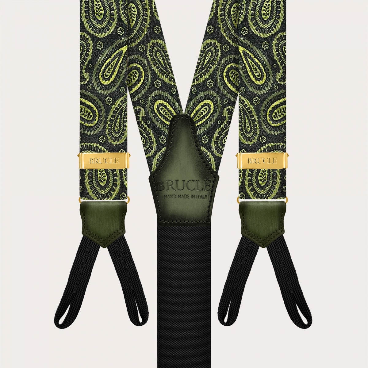 Bretelles exclusives dorées en soie paisley verte pour boutons