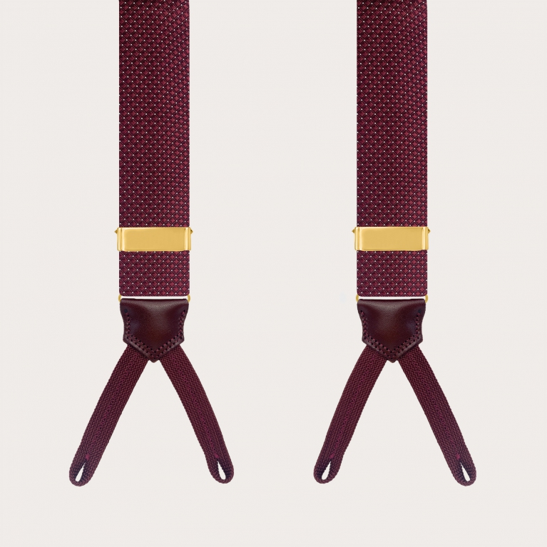 Gold silk suspenders for buttons with burgundy pin-dot loops