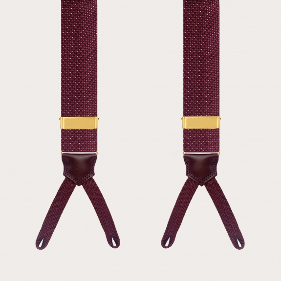 Goldfarbene Seidenhosenträger für Knöpfe mit bordeauxrotem Punktmuster