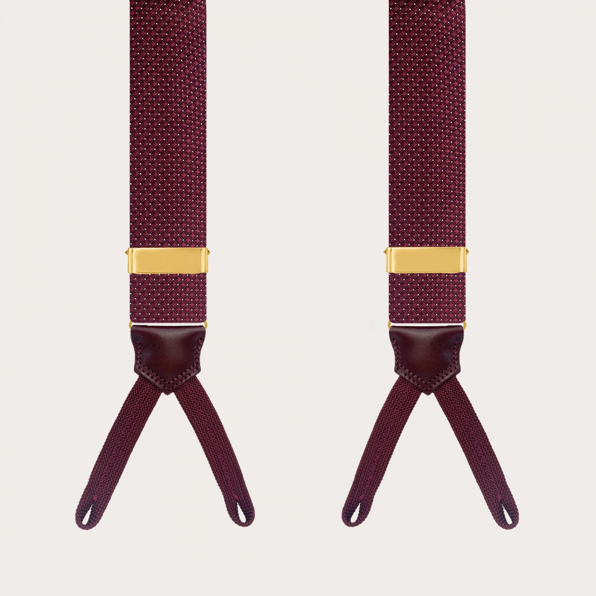Gold silk suspenders for buttons with burgundy pin-dot loops
