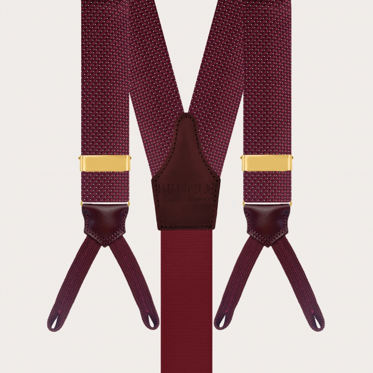 Gold silk suspenders for buttons with burgundy pin-dot loops