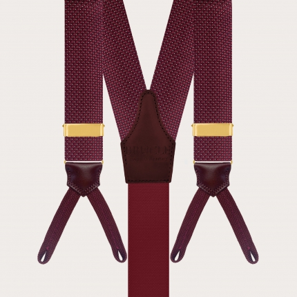 Gold silk suspenders for buttons with burgundy pin-dot loops