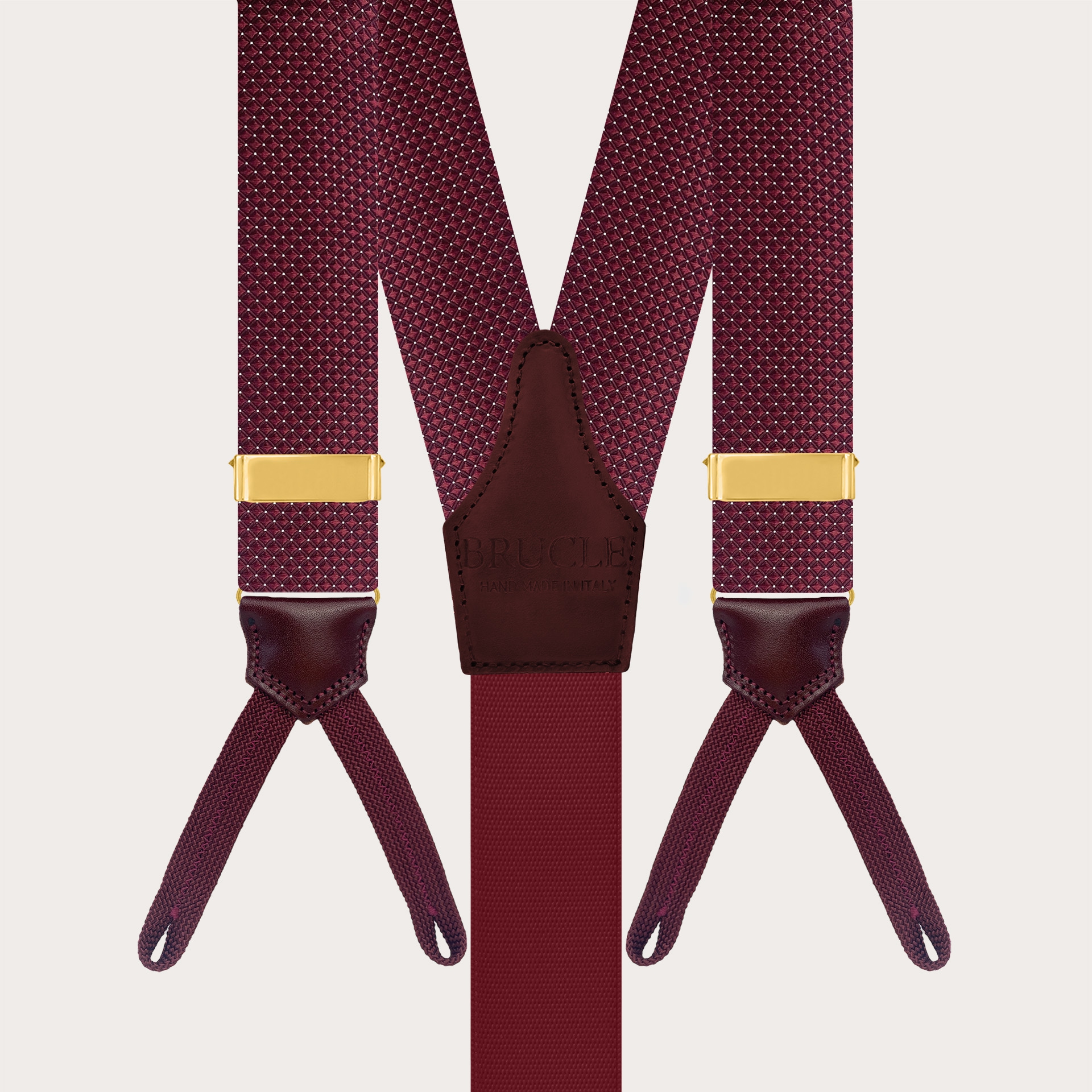 Gold silk suspenders for buttons with burgundy pin-dot loops
