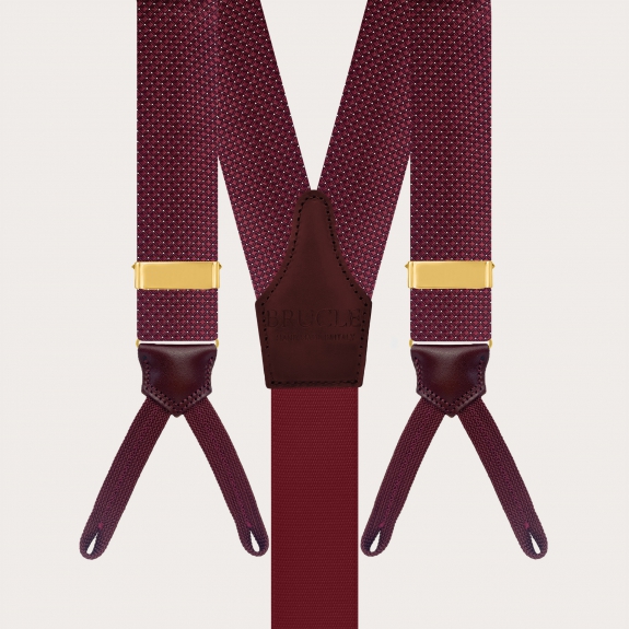 Gold silk suspenders for buttons with burgundy pin-dot loops