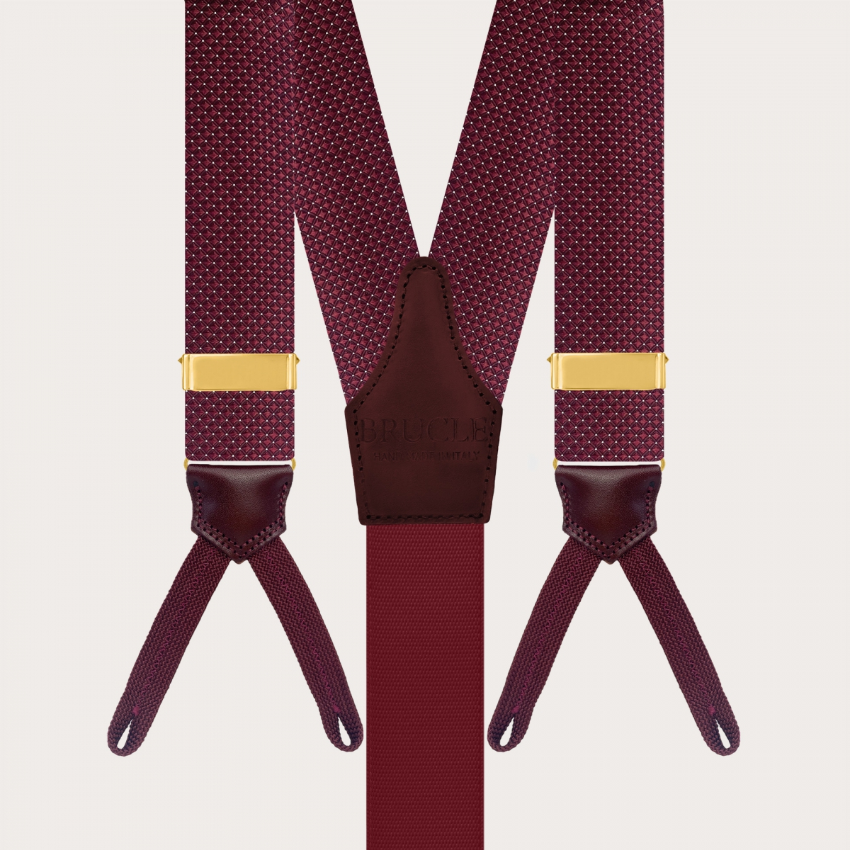 Gold silk suspenders for buttons with burgundy pin-dot loops