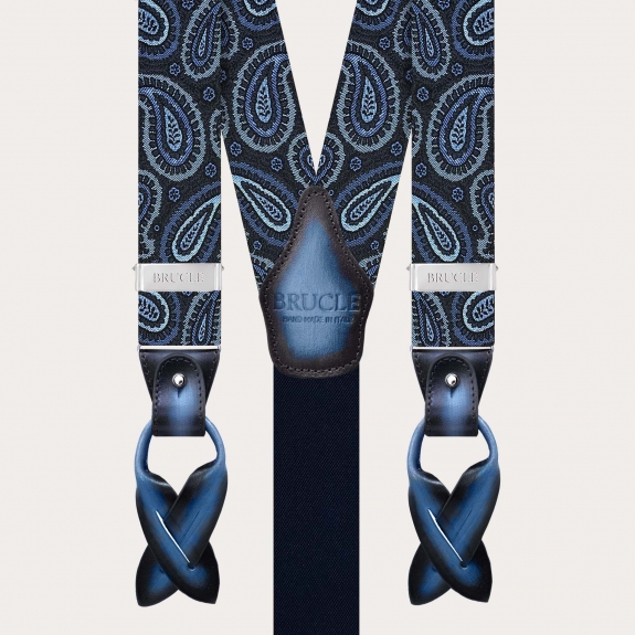 Hosenträger aus Seide mit Paisley-Muster in Blau und Hellblau, doppelt nutzbar