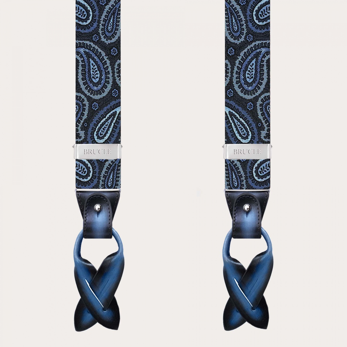 Hosenträger aus Seide mit Paisley-Muster in Blau und Hellblau, doppelt nutzbar