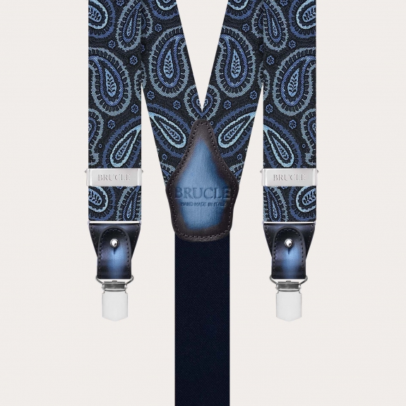 Hosenträger aus Seide mit Paisley-Muster in Blau und Hellblau, doppelt nutzbar