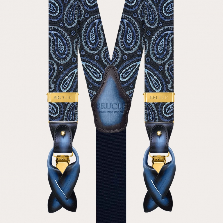 Gold Paisley Silk Suspenders with Clips or Buttons