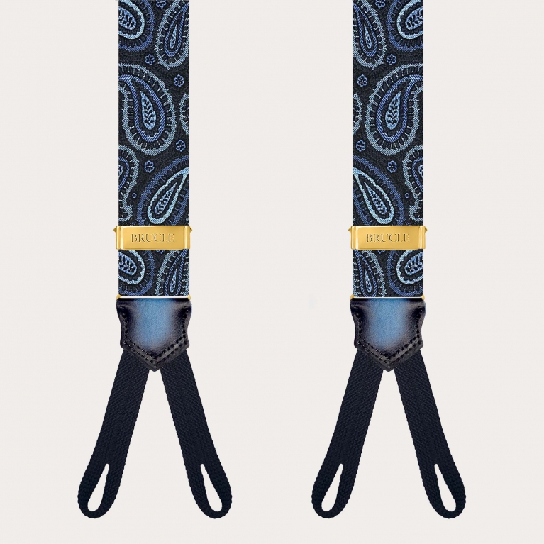 Blue and gold paisley silk suspenders for buttons