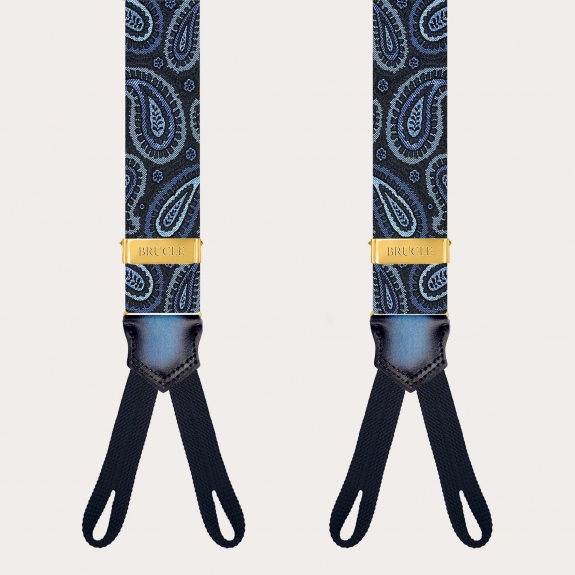 Bretelles paisley bleu et or en soie pour boutons