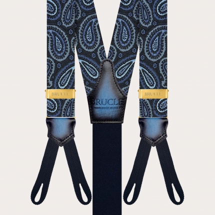 Bretelles paisley bleu et or en soie pour boutons
