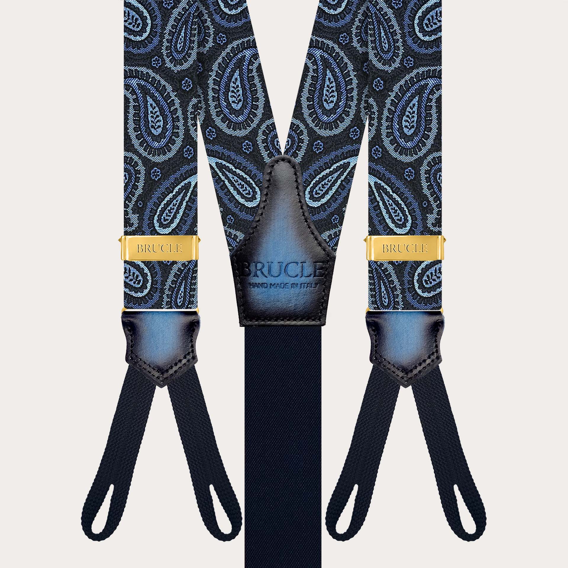 Bretelle paisley blu oro in seta per bottoni