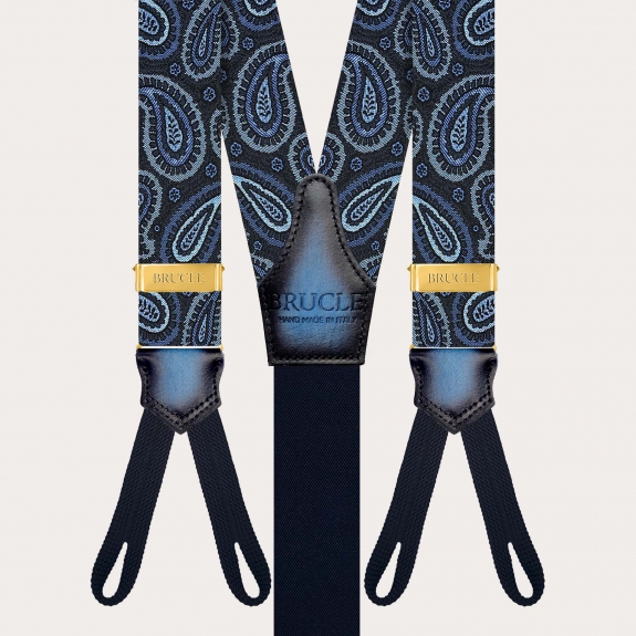 Bretelle paisley blu oro in seta per bottoni