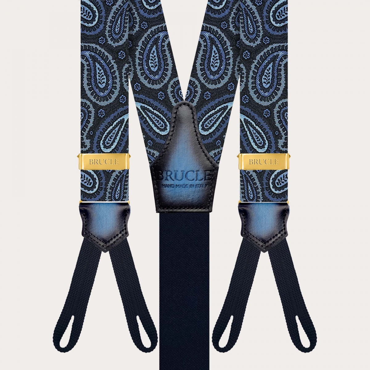 Blue and gold paisley silk suspenders for buttons