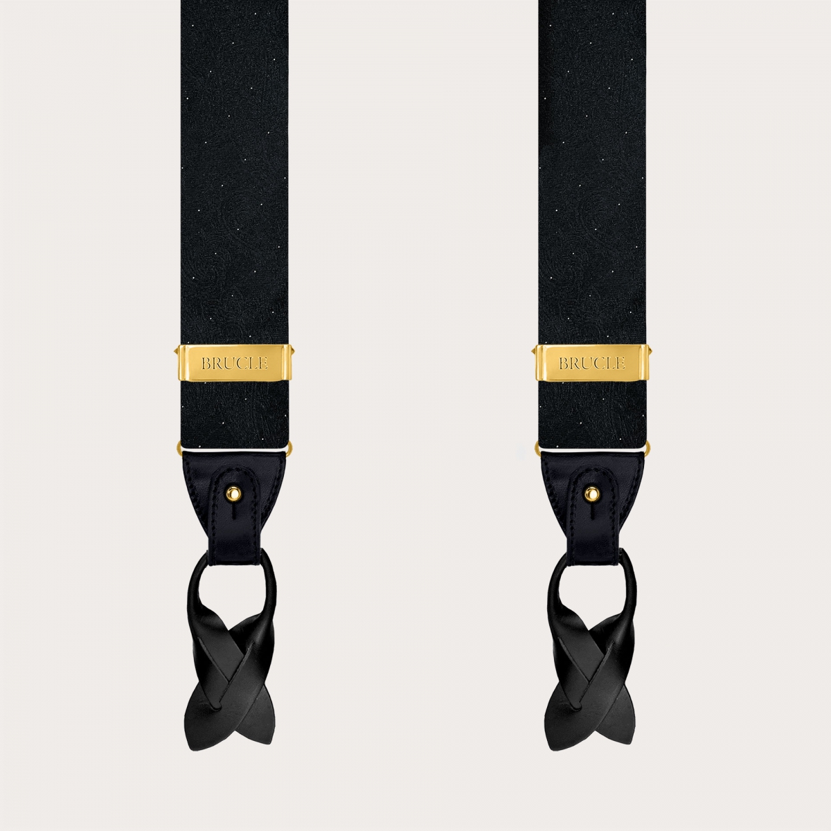 Bretelle uomo paisley nere e oro clip o bottoni