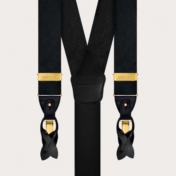 Bretelle uomo paisley nere e oro clip o bottoni