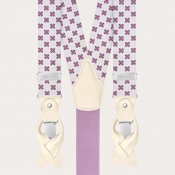 Bretelles homme blanches à motif fuchsia en soie jacquard