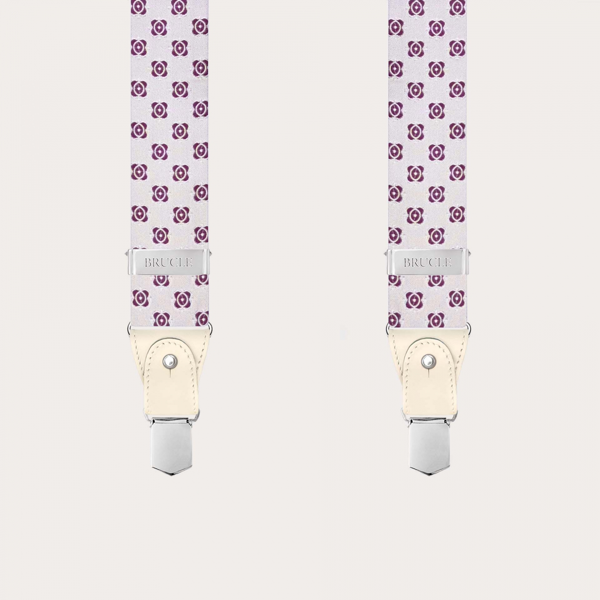 Tirantes de hombre blancos con motivo fucsia en seda jacquard