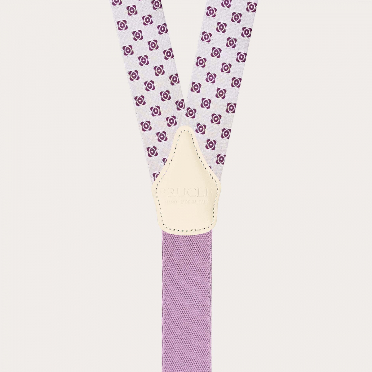 White men’s suspenders with fuchsia jacquard silk pattern