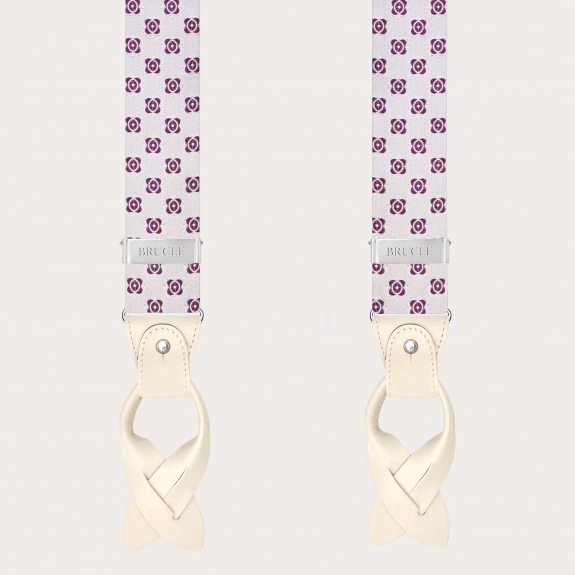 White men’s suspenders with fuchsia jacquard silk pattern