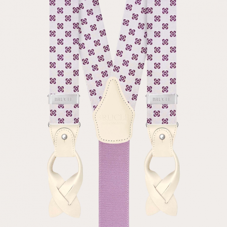 White men’s suspenders with fuchsia jacquard silk pattern